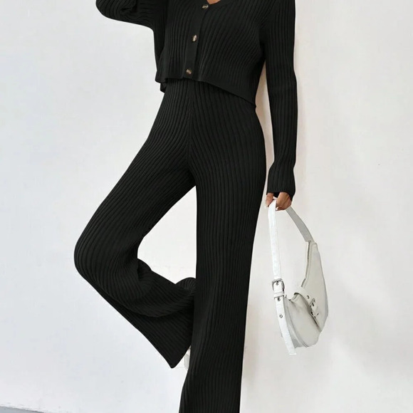Black Casual Women's Summer Ribbed Knit Cardigan & Flare Leg Knit Pants set - Picture 5 of 6